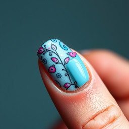 In style of macro photo, single hand, create nail art on fingernails based on: nails centered full view, sharp focus, true color, photoreal, 4k