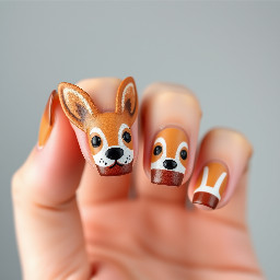 a neutral base with french tips, but the french tips are brown to look like a dog face. There are black dots for eyes and a nose, but the mouth is not included. The ears are painted on the nail, and they are chihuahua ears.