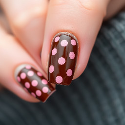 Generate a square French tip with a dark chestnut Brown with baby pink polka dots.