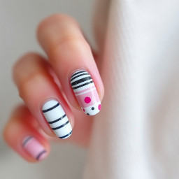 Some white and navy stripes, pointer and ring finger cute French dip, middle horizontal stripes pinky polkadots, and any other few colors that you think is best in almond short short