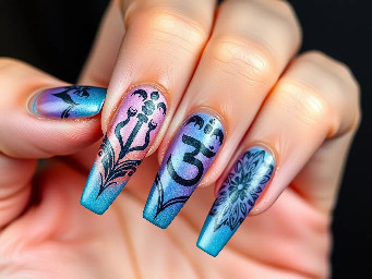long square nails- ring finger must have OM sign, for the rest of the fingers you can freestyle. make them french tips, must follow shivadelic vibe