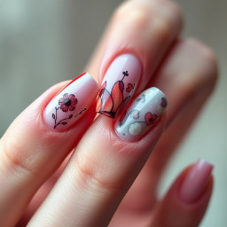 In style of macro photo, single hand, create nail art on fingernails based on: nails centered full view, sharp focus, true color, photoreal, 4k