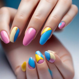 Nail design with pink blue and yellow colors curved tip not that long