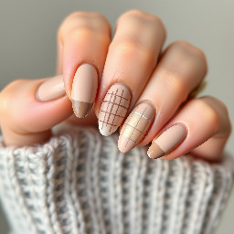 simple almond nails. cute fall vibes. include a grid pattern. really easy and simple. browns beiges and whites