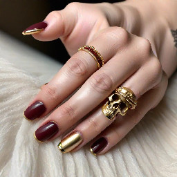 alomnd shaped nails,  🏴‍☠️ The Sleek Pirate Blueprint (Updated)  • Thumb: The Clean Quartz 	• Base: Smooth, full-cover milky white. 	• Design: A very fine, elegant 3D molten gold line tracing tightly around the cuticle and sides, exactly like the delicate framing in your first inspo picture. No center clutter. • Pointer: The Ultimate Gilded French 	• Base: A classic, natural pinky nude base tone. 	• Design: A clean burgundy red French tip with a single crisp white vertical line cutting straight down the center from cuticle to tip. 	• The Bands: Right along the smile line where the red meets the nude, build a raised, textured 3D gold band running horizontally across. Directly underneath that gold band, lay down a tight row of tiny gold micro-beads to create a tiered, regal effect. • Middle: The Captain's Crypt 	• Base: Deep, moody burgundy red. 	• Design: Your statement accent nail! Feature a 3D gold skull charm sitting centrally over the red base, exactly like the second inspo picture. • Ring: The Simple French 	• Base: A classic, natural pinky nude base tone. 	• Design: Keep it grounded and elegant. A simple, clean burgundy red French tip with a neat row of the small gold beads lining the bottom edge of the French tip. No extra lines or heavy 3D bands here to give the hand a "simple" breathing space. • Pinky: The Pearl Strand 	• Base: Deep, moody burgundy red. 	• Design: Accentuate the deep red base by placing a neat row of dainty micro-pearls aligned right along the cuticle curve or running vertically down the center.