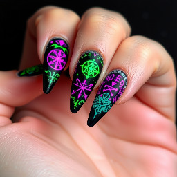 black stiletto nails covered in layered neon sigils, bright green and pink symbols, chaotic occult patterns, glowing runes, high detail, intense contrast, dark background, edgy witchcore aesthetic