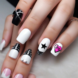 coffin nails, medium length. Thumb, white base with NY logo in black. Pointer finger, white French tip with black star. Middle finger, black French tip with two chrome hearts style crosses in white. Ring finger, white base with ‘Swag’ in black blocky letters down the whole nail. Pinky finger, white French tip with pink dots