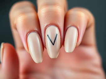 Nude colored medium length almond shaped nails with matte coat with the initial V on ring finger fingernail