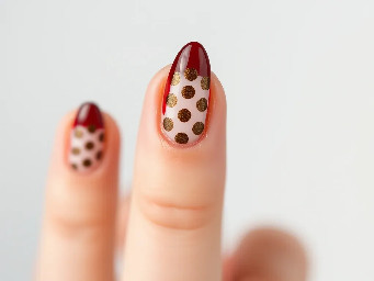 almond shape maroon nail with brown polka dots