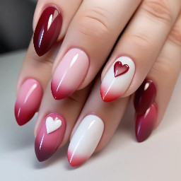 ombré base pink and white almond with on left ring finger add a small Z near the tip in dark red & on the right ring finger add a small heart in the same place