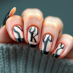 almond shaped acrylic nails with a nude base and black french tip flames with the letter k on the middle finger