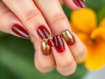 sharper shape with like a dark brown red color with a simple design that's easy for beginners some 3d builder gel art with gold chrome maybe a cute new gen bow