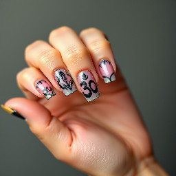 long square nails- ring finger must have OM sign, for the rest of the fingers you can freestyle. make them french tips, must follow shivadelic vibe