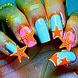 hi i want a pink french tip on the pinky finger and on the ring finger a pale blue base with a orange starfish and on the index finger a nude base with a orange starfish an on the fingers that don't have design on a orange base.