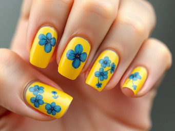 yellow nails with blue flowers on short nails. no french tip or nude base coat. easy flowers like dots