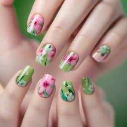 Pink and green spring-inspired floral nails