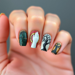 Can I have very simple lotr nails where the pinky fingernail has part of the map and the ring fingernail has the one ring and the middle fingernail has a hobbit door and the pointer fingernail has the white hand of Saruman and the thumb fingernail has the Gondor tree pls