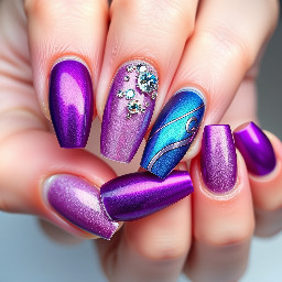 design some inspo nail art with the following tags: almond, oil spill, chrome line art, gemstones, rhinestones, purple magnetic gel, iridescent blue-purple gel