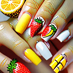 White nails with one fruit on each nail 1 strawberry nail 1 banana 1 lemon 1 mango 1 pineapple no repeated fruits