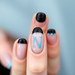 Almond shape 	•	pinky skin color base 	•	black micro French tips (very thin black line instead of thick tip)  	•	Ring finger: baby blue thin N letter in a bubble font  	•	Optional: tiny dot accents in baby blue near the cuticle