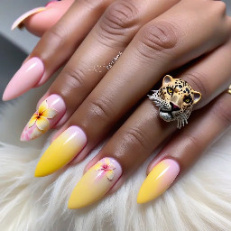 Nail Shape  Almond  Color Palette  Baby pink  Soft pastel yellow  Creamy white  Nude/blush base  Brown/black leopard accents Left Hand  Thumb – Light baby pink shell/ribbed texture nail.  Index – Aura ombré: pink → yellow  pink center glow  fades outward into yellow.  Middle – Nude/blush base with leopard French tip.  Ring – Creamy white base with pink hibiscus flower.  Pinky – Aura ombré: yellow → pink  yellow center glow fades outward into pink. Right Hand  Thumb – Light yellow shell/ribbed texture nail.  Index – Aura ombré: yellow → pink.  Middle – Creamy white base with pink hibiscus flower.  Ring – Nude/blush base with leopard French tip.  Pinky – Aura ombré: pink → yellow. What the ombré should look like  Pink → Yellow: soft pink glow center fading into pastel yellow.  Yellow → Pink: warm yellow glow center fading into baby pink.  Very soft blended “aura” circle, not a harsh gradient.