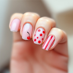 I want short almond nails with a sheer translucent pink the middle finger will have a small red cherry the ring finger with red polka dots and the pointer finger with red vertical stripes