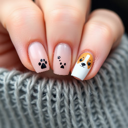 Short minimalist nails. One with a super super tiny chihuahua silhouette, as small as can be. One with two tiny paw prints. One a french tip design, but the french tip is a chihuahua face with big ears.