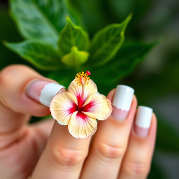 white french tip on almond nails with a hibiscus flower on the ring finger along with the french tip