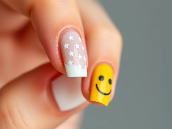 White French tips with white stars and on one of the fingers has a yellow base with a smiley face on it