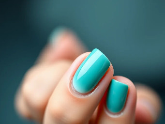 light teal nails with a white 1 on the ring finger nail