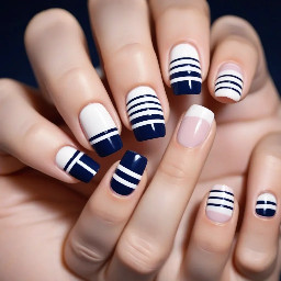 Some white and navy stripes, pointer and ring finger cute French dip, middle horizontal stripes pinky polkadots, and any other few colors that you think is best in almond short short