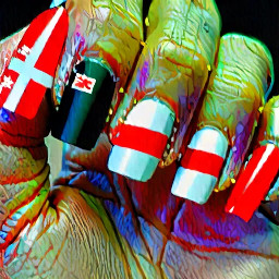 Long nails, about 8cm, Black, Sharp shape, There are three mini paper boats on the thumb,There are two Austrian flags on the index finger (red, white, red), The middle fingernail has the word JJ written on it, and the ring finger has three wavy white lines drawn on a black background, representing the sea and another boat.On the little finger it says "Wasted Love" and next to it is a little red heart.So we have 3 colors in total - black for the background, white for writing, and red just for the flags and heart.