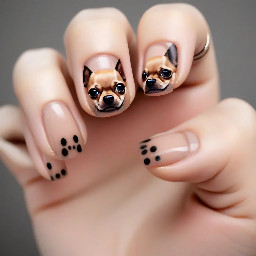 a neutral base with french tips, but the french tips are brown to look like a dog face. There are black dots for eyes and a nose, but the mouth is not included. The ears are painted on the nail, and they are chihuahua ears.