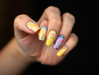 Yellow, blue and pink smokey marble nail design