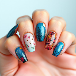 Birthday nails, autumn colours, maximalist, maybe stainglass effect, each nail different design