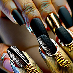 Coffin shaped Matte black nails with gold and silver lines