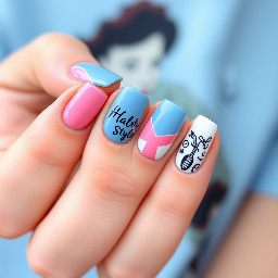 I'm trying to mock a Harry Styles manicure. I'm seeing him next Friday in New York City at MSG. His tour is called the "together together" tour and the album is called "disco occasionally, kiss all the time" and I'd like to do pink, blue and white as the color scheme . My shirt is light blue with a graphic that I'll include. I want to utilize my stamping plate too wth fun stamps from it