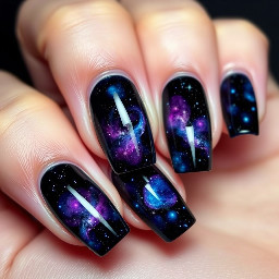 A midnight-nebula-themed manicure.