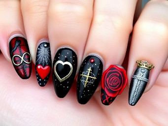 GENERAL REQUIREMENTS  * Extension type: PVC gel extensions, similar to press-on extensions. * Shape: Medium almond. * Color palette: Black, red, and silver, alternating across the nails. * Overall aesthetic: Gothic, dark, mystical, celestial, elegant, and slightly edgy, with metallic details and gemstones. * Finishes: Cat-eye, glass-effect, and metallic finishes, depending on the design of each nail. * Decorations: Fine-line artwork, chains, stars, moons, gemstones, and intricate symbols.  I’d like every nail to have its own unique design while still looking cohesive as a complete set. I’m happy for you to adjust the placement, proportions, and smaller details to ensure the designs look beautiful and aren’t too overcrowded.  LEFT HAND  1. Thumb — Snake & Infinity  * Black cat-eye base, possibly incorporating dark red, depending on what looks best. * A snake design. * A separate infinity symbol. * One small white gemstone placed on the infinity symbol. * One red gemstone on the snake’s head.  Important: The snake and infinity symbol should be two separate elements, not combined into one design.  2. Index Finger — Metal Cage & Heart  * Black cat-eye base. * A cage-like design at the tip, resembling an intricate iron or metal cage. * A red heart in the center, framed by a silver metallic border. * An eight-pointed starburst design. * One small black or white gemstone in the center of the starburst.  I’d like this nail to look dark, sharp, and slightly industrial, with the red heart serving as the focal point.  3. Middle Finger — Celestial Night Sky  * Silver base. * Scattered stars to create a celestial, night-sky effect. * One small crescent moon. * A curved, rainbow-like band in shades of blue, purple, and black. * A small silver Chi (Χ) symbol, representing the Roman numeral X (10). * A tiny silver wine glass. * The Roman numeral X incorporated along the curved band.  Please keep the elements delicate and balanced so the design doesn’t become too busy.  4. Ring Finger — Number 21 Pool Ball  * Red cat-eye base. * A black billiard ball inspired by an eight-ball design. * The number 21 displayed clearly in the center of the ball instead of the usual number.  I’d like the ball to look recognizable as a pool ball, with the number 21 as its defining detail.  5. Pinky — Black Glass & Celestial Flames  * Black glass-effect base. * A moon and stars. * Small gemstones incorporated into the celestial elements. * Silver flame-like details at the bottom of the nail.  The overall effect should feel mystical, dark, and slightly magical.  ⸻  RIGHT HAND  1. Thumb — Silver Chains & Stars  * Black base. * Silver chain details. * A star-shaped chain charm or star charm. * Optionally, one tiny red heart.  I’m unsure whether adding the red heart would make the design too crowded, so please use your judgment. If the heart doesn’t complement the composition, I’m happy to leave it out.  2. Index Finger — Rose Pattern & Custom Sigil  * Red base with a detailed rose pattern. * Place the exact symbol from my attached reference image prominently in the center. * Preserve the original design as closely as possible, including its intricate geometric lines, heart shape, intersecting cross-like elements, and diamond-shaped details. * The symbol should be rendered in antique gold or brushed gold, rather than silver.  Important design notes:  * Please use the uploaded image as the primary reference for the symbol. * Keep the symbol recognizable and preserve its proportions and intricate linework. * The rose pattern should act as the background rather than compete with the symbol. * Gold should be reserved primarily for this symbol, making it the statement design of the entire set.  I’d like this nail to resemble an intricate, antique mystical sigil against deep red roses.  3. Middle Finger — Moon Phases & Crown  * Black-and-red glass-effect base. * A three-moon-phase design arranged in this order: 🌒 🌕 🌘 * If possible, incorporate a crown into the composition.  I’m not entirely sure how to combine the moon phases and crown, so I’d love your creative input. Please make the elements flow naturally together without overcrowding the nail.  The overall aesthetic should feel regal, celestial, and mysterious.  4. Ring Finger — Eight-Pointed Star  * Silver base. * One black eight-pointed starburst in the center. * One red gemstone in the center of the star.  Please make the star symmetrical, sharp, and clearly defined against the silver background.  5. Pinky — Queen’s Crown & Sword  * A queen’s crown and a sword. * The crown should look elegant and regal, with white gemstones. * The sword should feature a red gemstone in its center. * Add a few small blood-drop details near the tip of the sword.  I’d like this design to feel dark, royal, and powerful, with the white and red gemstones creating contrast against the darker aesthetic.  ⸻  FINAL DESIGN DIRECTION  The overall concept is a combination of dark gothic elegance, celestial symbolism, mystical imagery, and royal elements.  Please prioritize the following:  1. Cohesion: All ten nails should look like parts of the same collection, even though each nail has a different design. 2. Color balance: Black, red, and silver should remain the dominant colors. Gold should be a special accent, primarily reserved for the sigil on the right index finger. 3. Fine details: I love intricate designs, but I still want the main symbols to be recognizable and visually clear. 4. Gemstones: Please use them strategically to highlight important details rather than placing too many gems on every nail. 5. Visual hierarchy: The most intricate designs should remain the focal points, particularly the gold sigil, snake, cage and heart, and crown and sword. 6. Practicality: Since these are medium almond nails, please adjust the scale of the artwork to fit the available nail surface while preserving the important details.  I’m open to your professional suggestions if any elements need to be simplified, repositioned, or adjusted to make the set look more elegant.  The most important thing is to preserve the overall concept and the key details of each nail while making the entire set look cohesive, detailed, and beautifully executed.