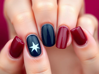 Burgundy nails with navy blue ring finger with white star outline