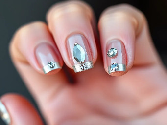 short French manicure in silver with a gemstone on every nail, the middle finger had no French but at least 6 gems of different sizes.