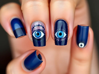 I want navy blue color french tip on all . Evil eye theme at least one of them has it. Add flowers of gel. Add details with silver lines or dots