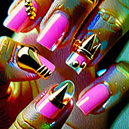 Long length pink clear acrylic base with modern gold french tips on the thumb, pointer finger and pinky. On the middle finger a gold 3d balloon in the shape of a 1. On the ring finger a gold 3d balloon in the shape of an 8