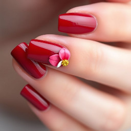 Beautiful yet sexy and elegant deep red nail design with a 3D flower