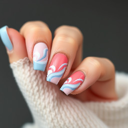 Coral, pastel blue/ colors, french tips, waves