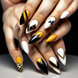 Create a set of medium length almond shaped nails that have black and gold tips on all of the fingers except the ring. Then have the ring finger all white with the 3 Steelers diamonds on it.