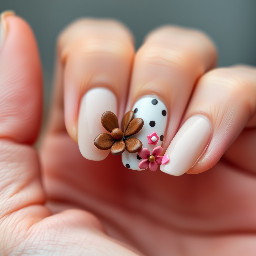 almond, polka dot brown pink 3d flowers on middle finger and thumb only ,short