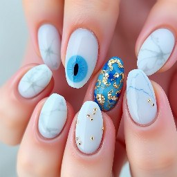-baby blue cat eye color  -White color (for marble nails) -Almond shaped -Blue&gold junk nails on ring fingers -small gold rhinestones on white/blue cat eye marble nails. No rhinestones on the other nails. The marble is white with the blue One nail in each column needs to be a junk nail. No nails are just white. One nail in each column is marble and gold w/small rhinestones spotted around it