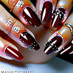 * Keep the slightly lighter dark red cat-eye color. * Keep the elegant Korean stiletto shape. * Add one accent nail (I’d recommend the ring finger) with:     * A clear base.     * A dark red French tip.     * Dark red glitter scattered through the clear portion.     * Tiny dark red confetti pieces in the clear area for a subtle, luxurious effect. * Leave the rest of the nails as glossy dark red and a cat-eye affect with the minimal gold detailing so the accent nail stands out without looking too busy.