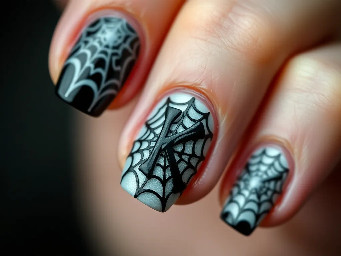witchy nails, black and white, spider webs, letter k on one finger